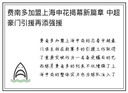 费南多加盟上海申花揭幕新篇章 中超豪门引援再添强援