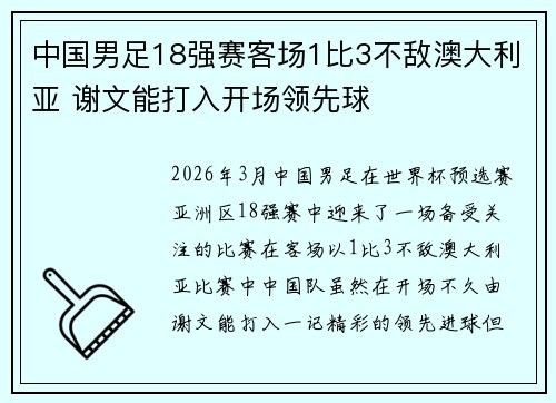中国男足18强赛客场1比3不敌澳大利亚 谢文能打入开场领先球