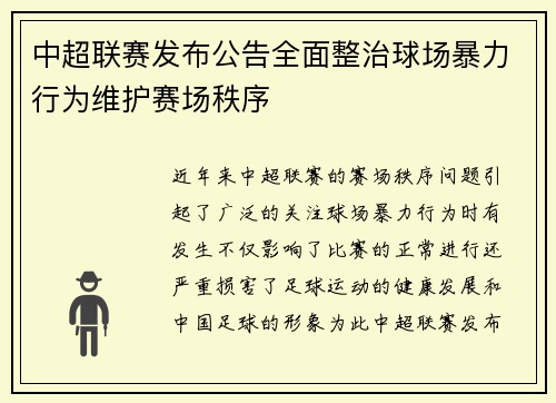 中超联赛发布公告全面整治球场暴力行为维护赛场秩序