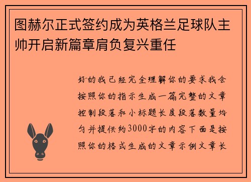 图赫尔正式签约成为英格兰足球队主帅开启新篇章肩负复兴重任